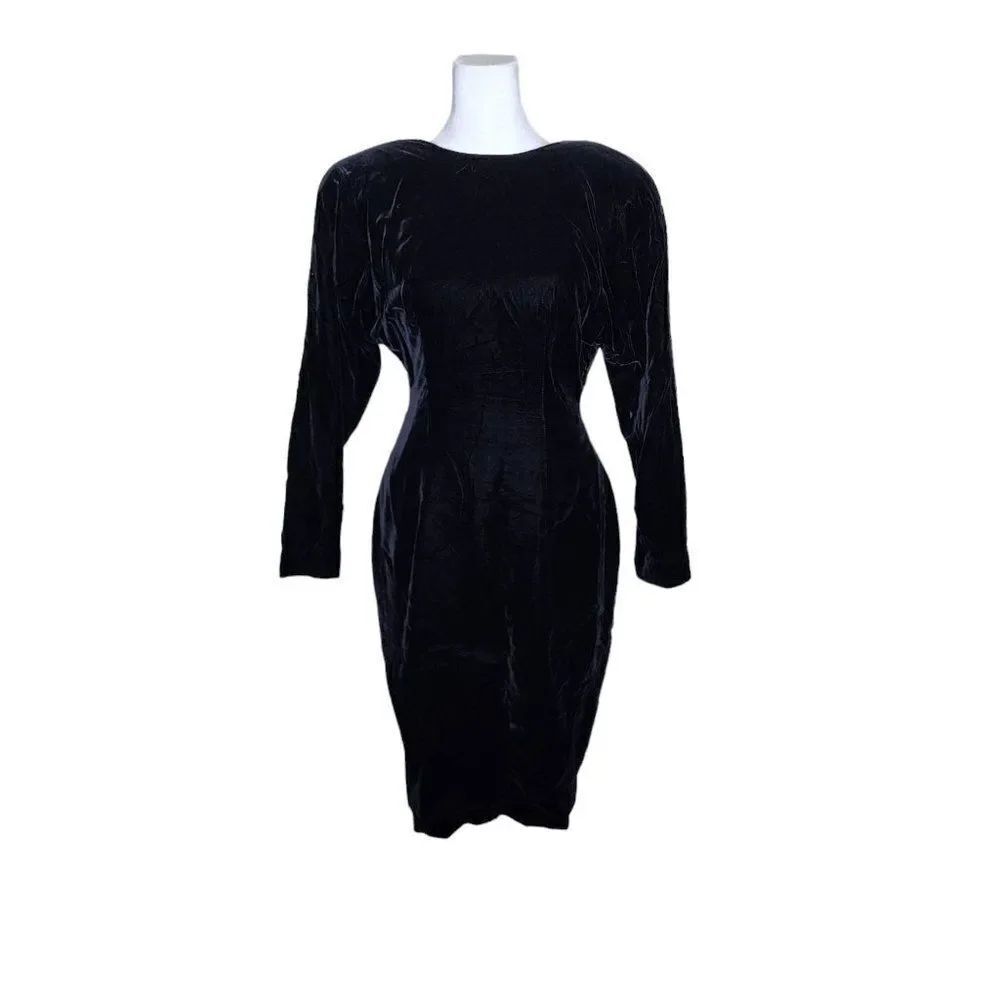 Vintage 80s Custom Velvet Wiggle Dress Womens Size M Black Deep V Back Glam